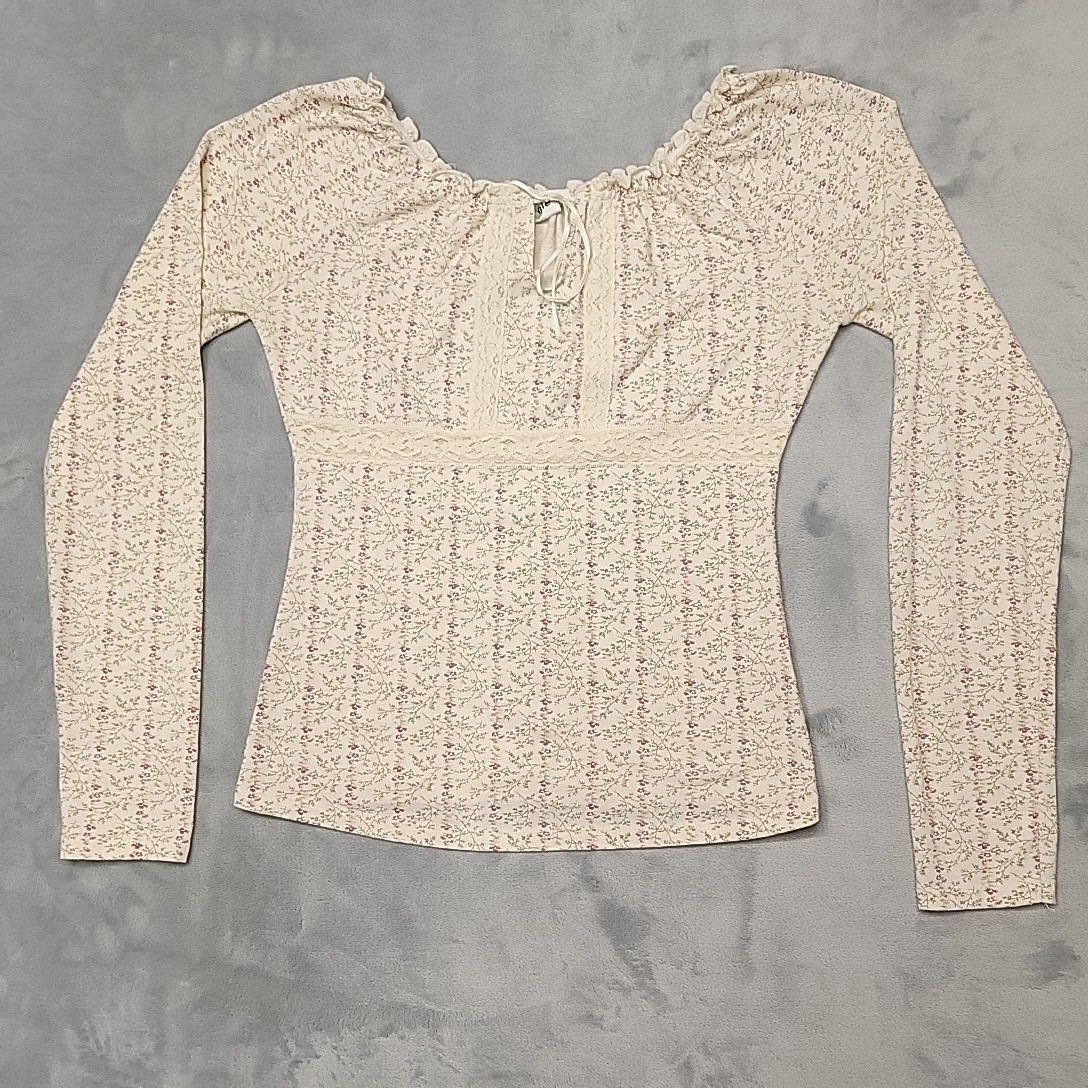 VTG Energie Shirt Womens Medium Cream Floral Milkmaid Lace Trim Long Sleeve Y2K