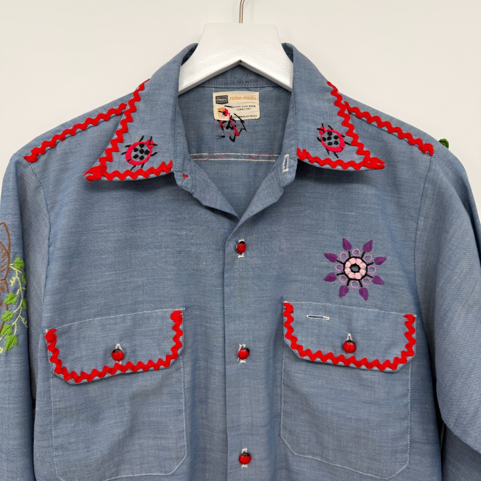 Vintage 70s Hand Embroidered Top Shirt S M Chambray Lady Bug Owl Floral USA