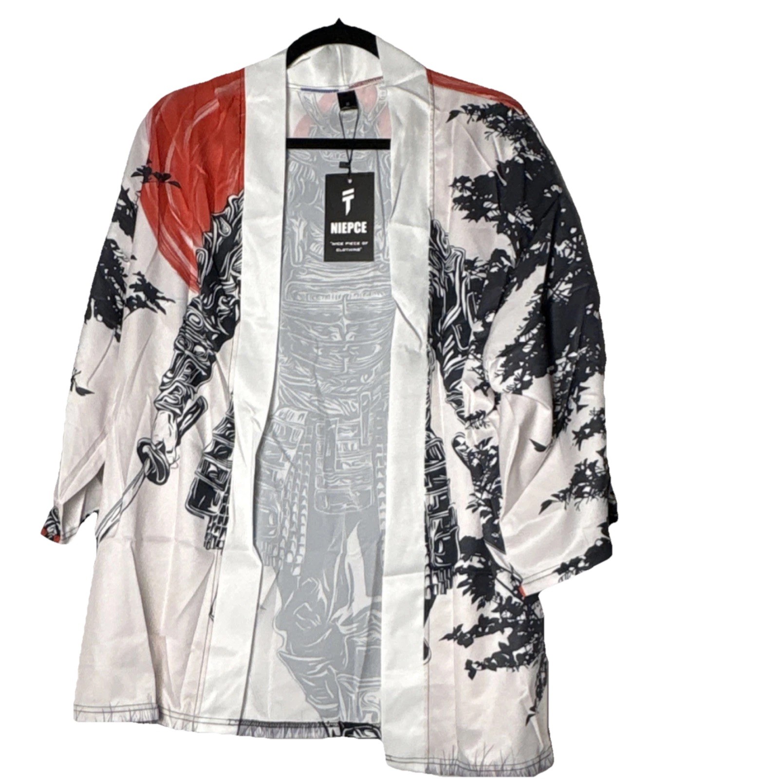 NIEPCE Samurai Print Satin Kimono Medium Japanese Streetwear Open Front NWT