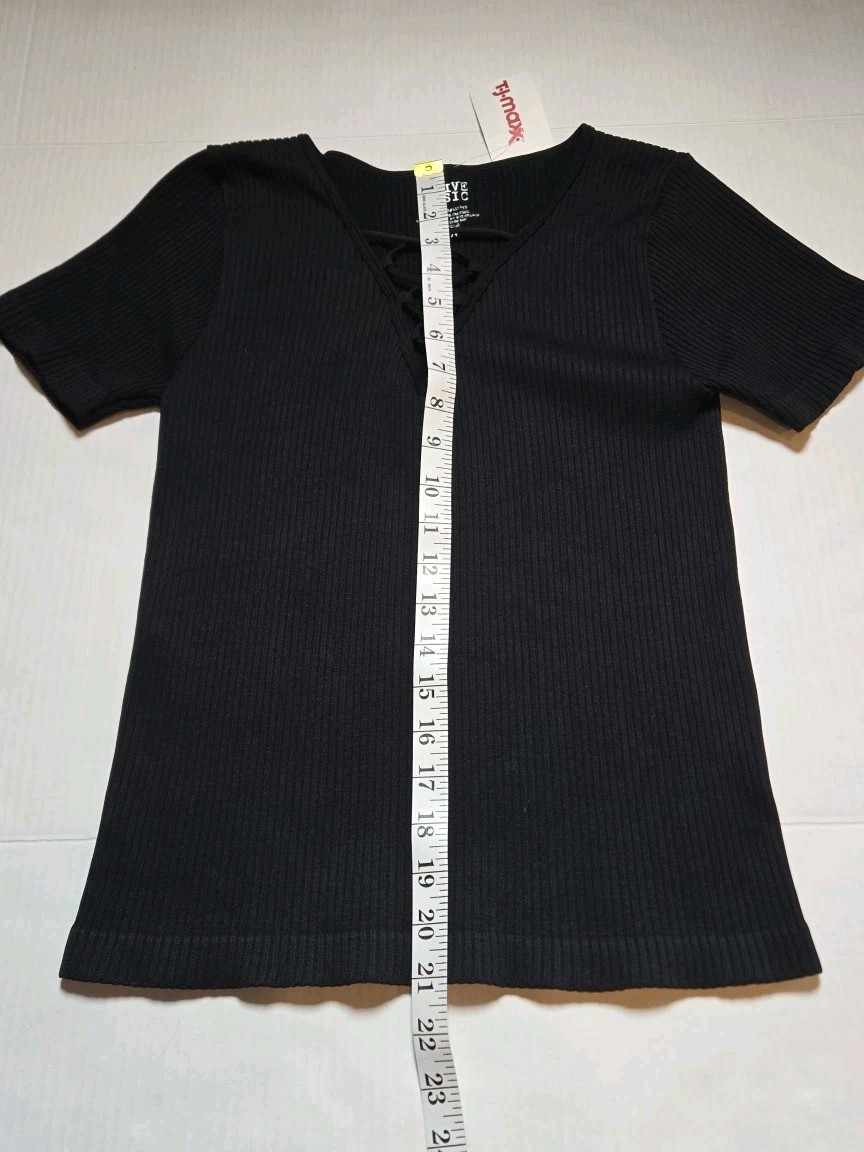 Active Basic Lace Up Ribbed Top Short Sleeve Med Large USA Black Womens Short