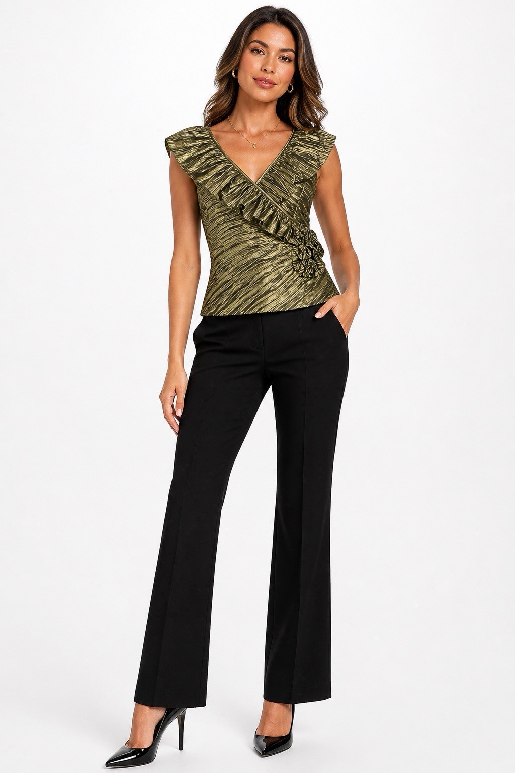 Cache Y2K Metallic Olive Green Ruffled Top V Neck Sleeveless Party Blouse 10