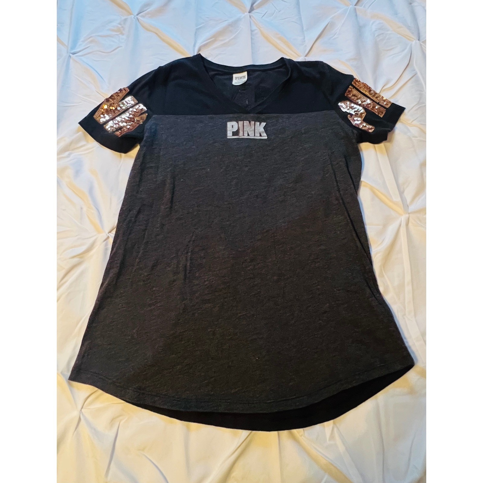 Pink Victoria’s Secret T-Shirt Womens Medium Black Grey Good Sequin Logo