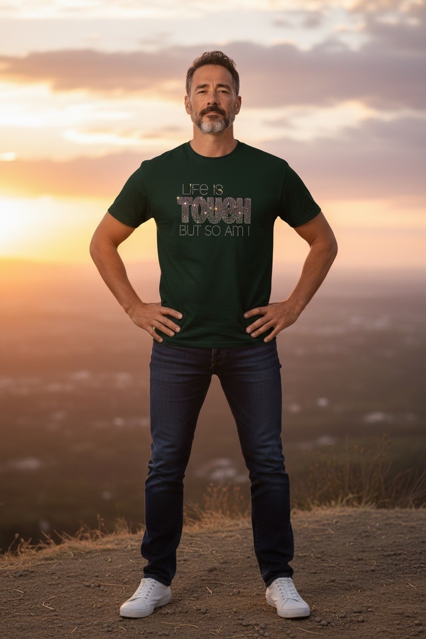 Custom Rhinestone Design “Life Is Tough But So Am I” Print Green Male Medium