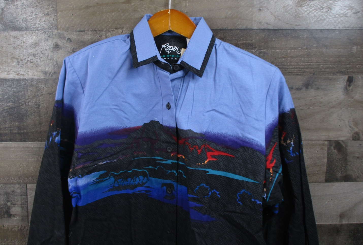 Roper Shirt Womens Small Blue Border Western Horse Graphic Button Up USA Made