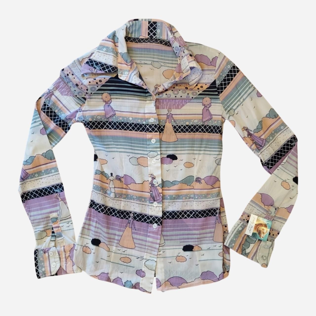 Multi-colored button-up shirt with graphic of women in dresses