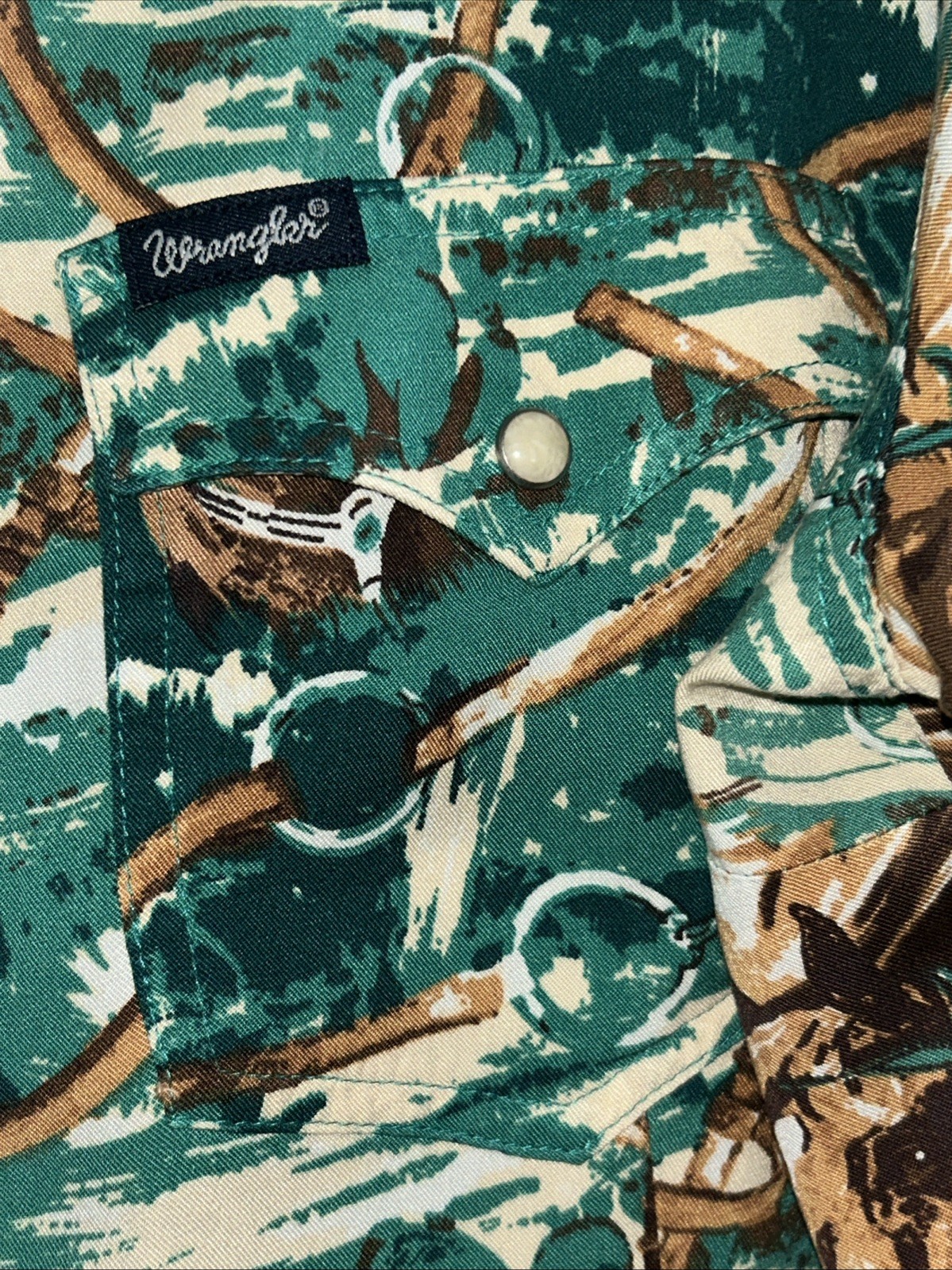 Wrangler Women’s Retro Western Snap Shirt Green & Brown Horse Print XL
