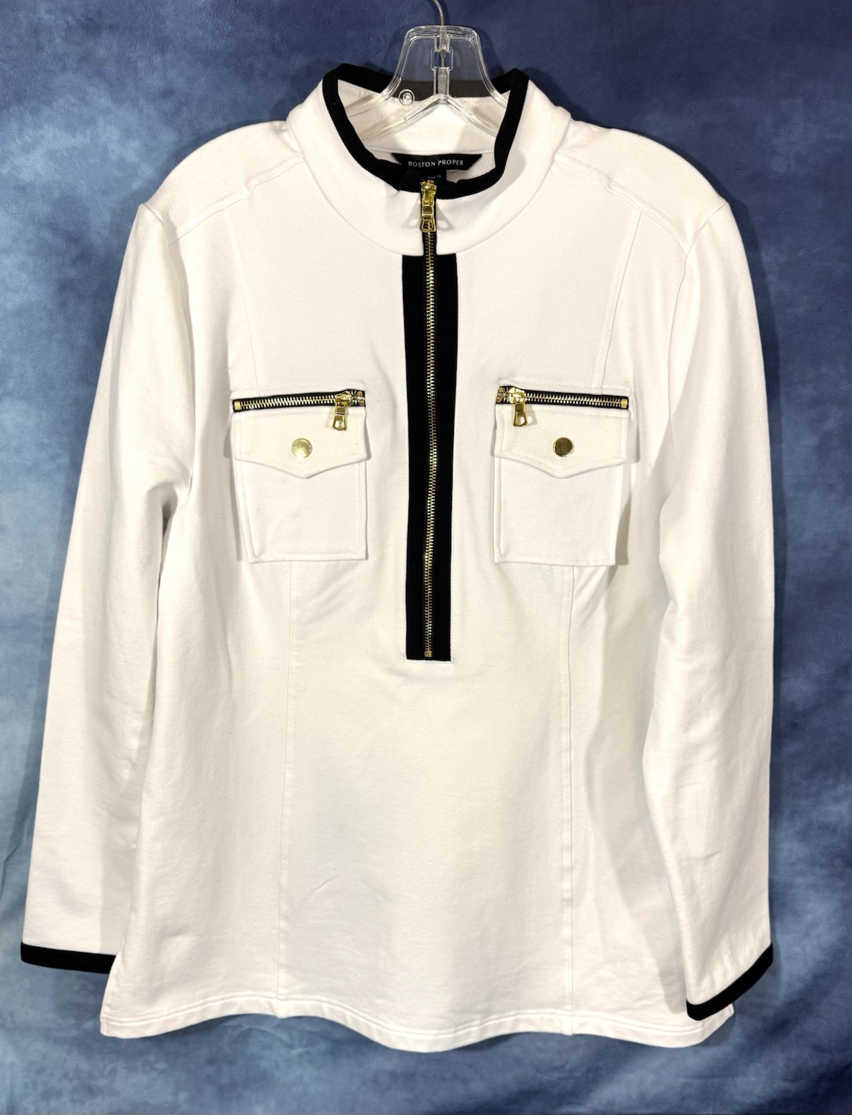 Boston Proper Women’s XL Chic Zip Top/Jacket 1/2 Zip Pockets White & Black