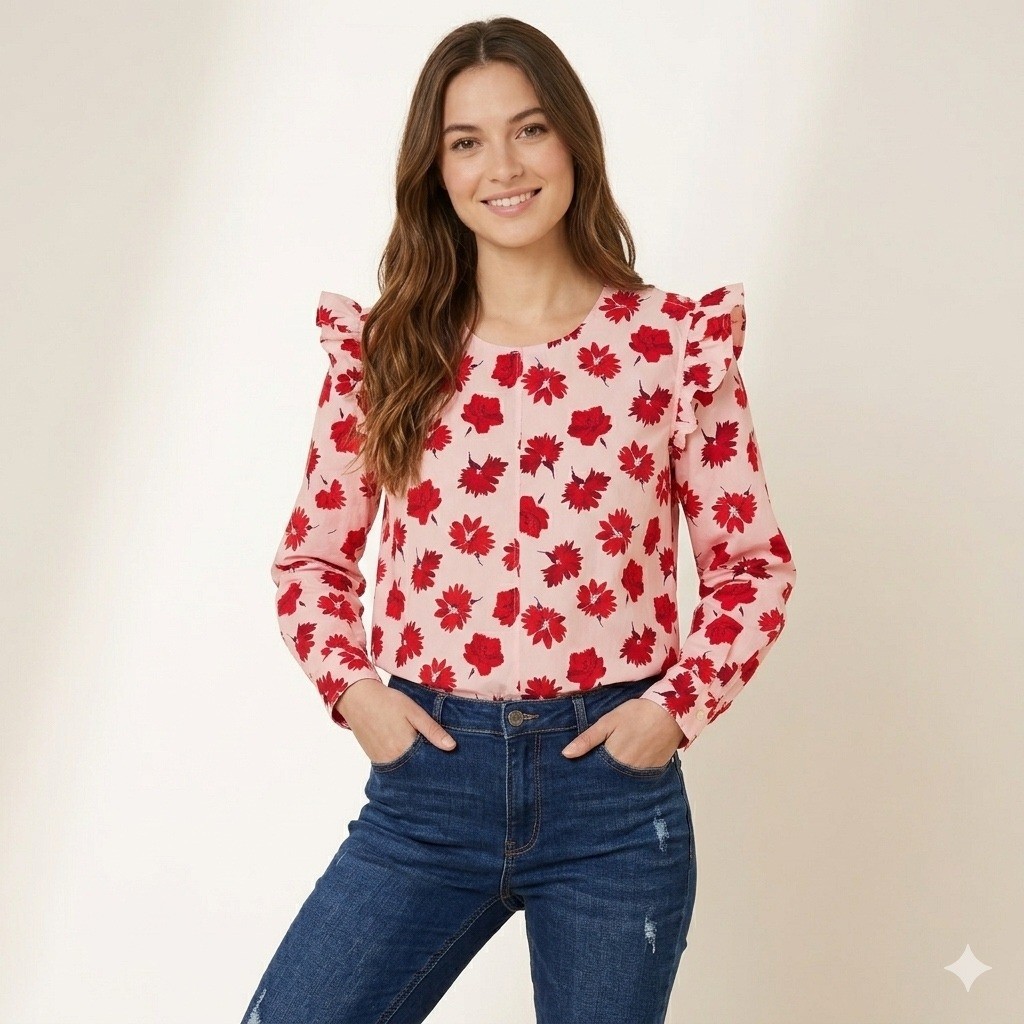 Free Assembly Womens XL Pink Red Floral Ruffle Shoulder Cotton Blouse Top