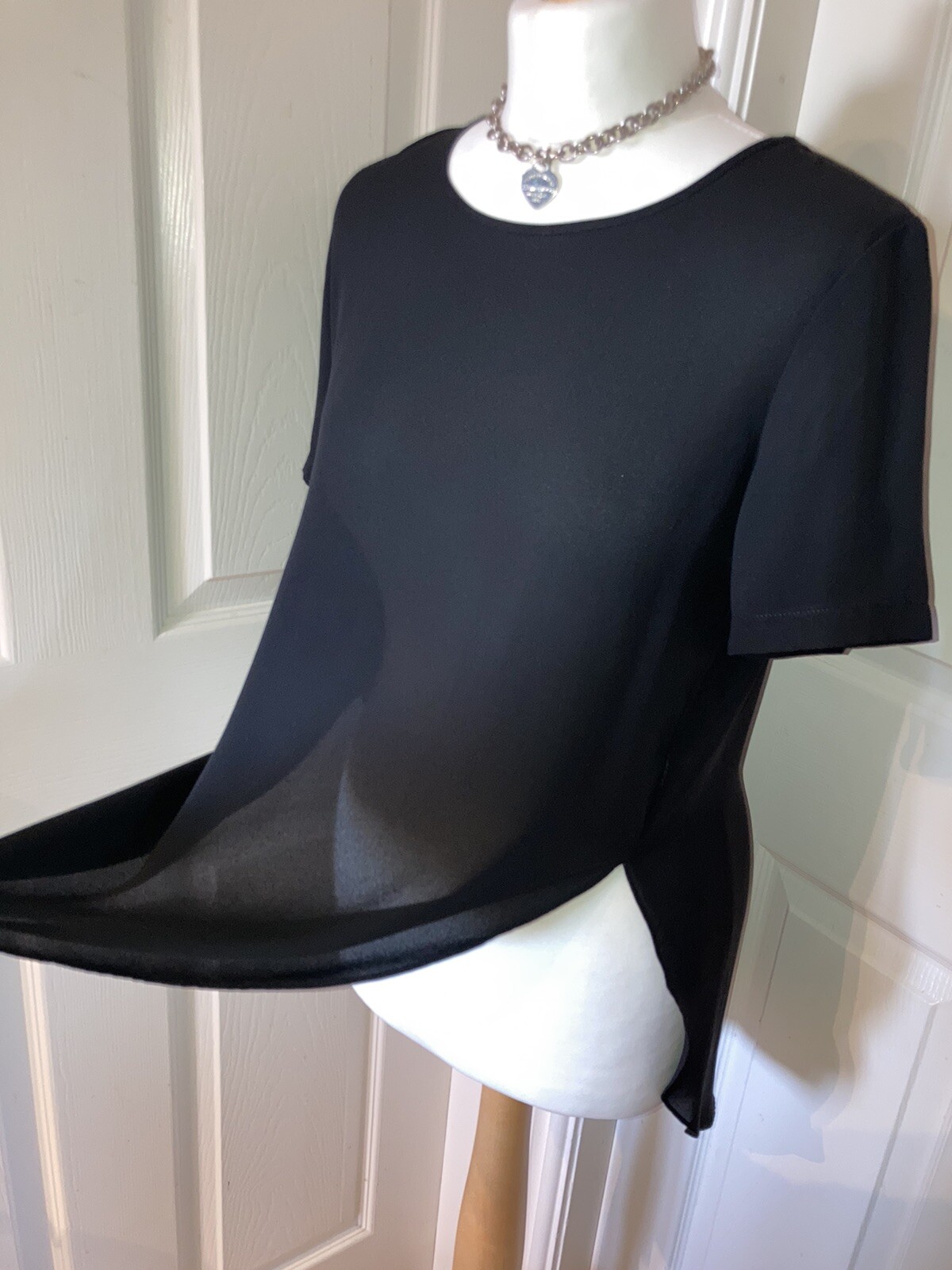 TOPSHOP Womens Black Split Hem Top UK 8 XS Oversized Chiffon Cut Out Sides Tunic