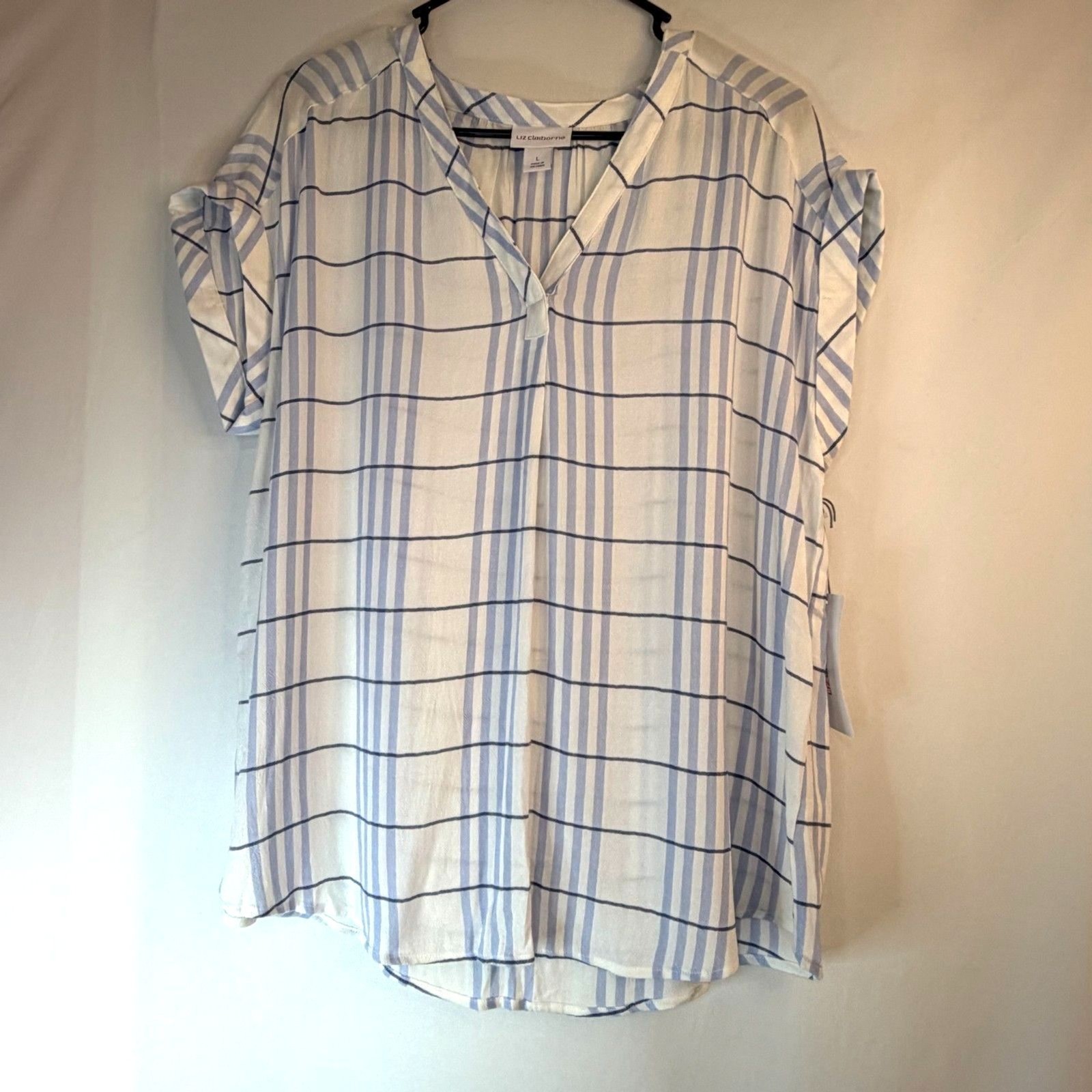 Size L Liz Claiborne Roll Tab Cap Sleeve Striped Blouse NWT Blue White