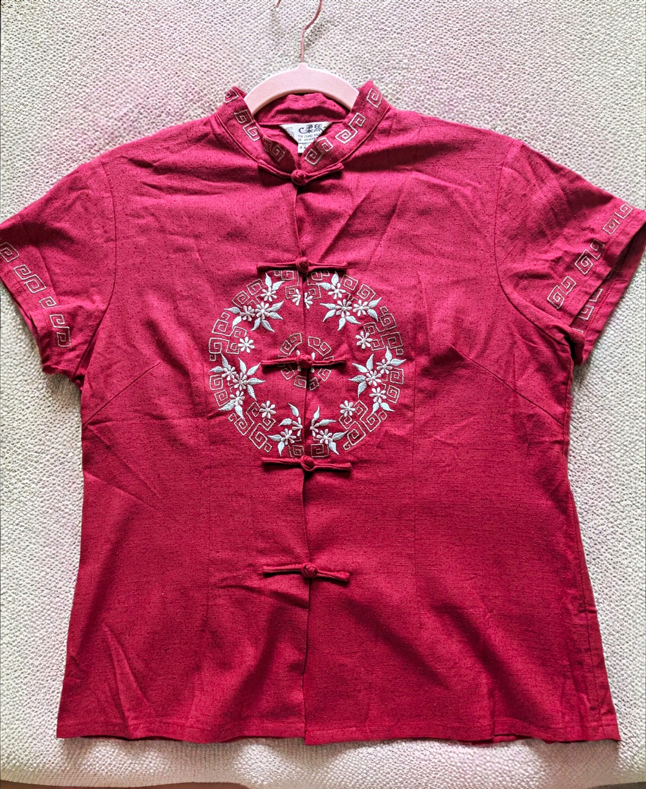 Tai Zhou Red 100% Raw Silk Mandarin Collar Toggle Embroidered Blouse Womens M