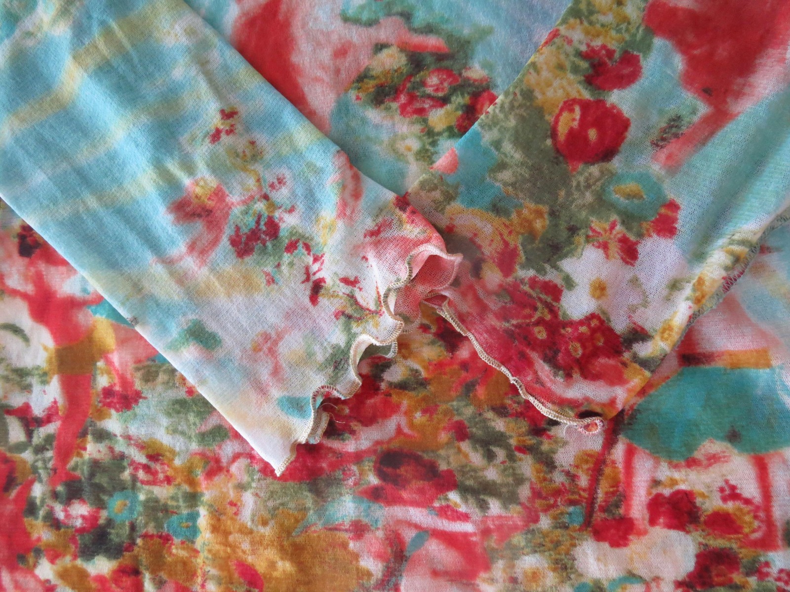 Vintage 2000s Cherub Print Sheer Knit Top, Floral, Gold Lettuce Edge, Nice