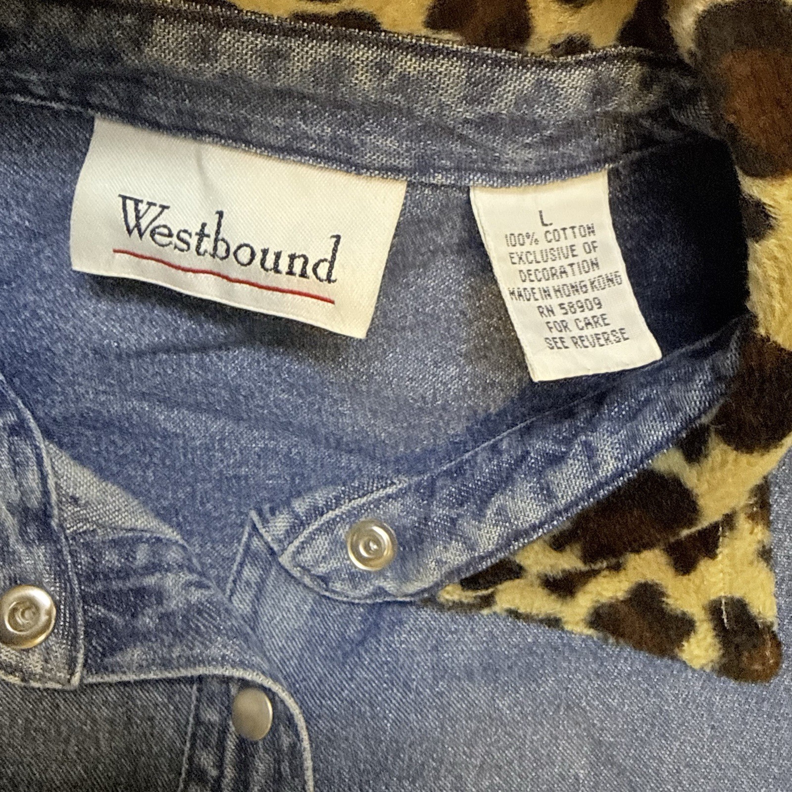 Y2K Denim Snap Button Shirt Leopard Print Collar Western Cowgirl Jacket Top L