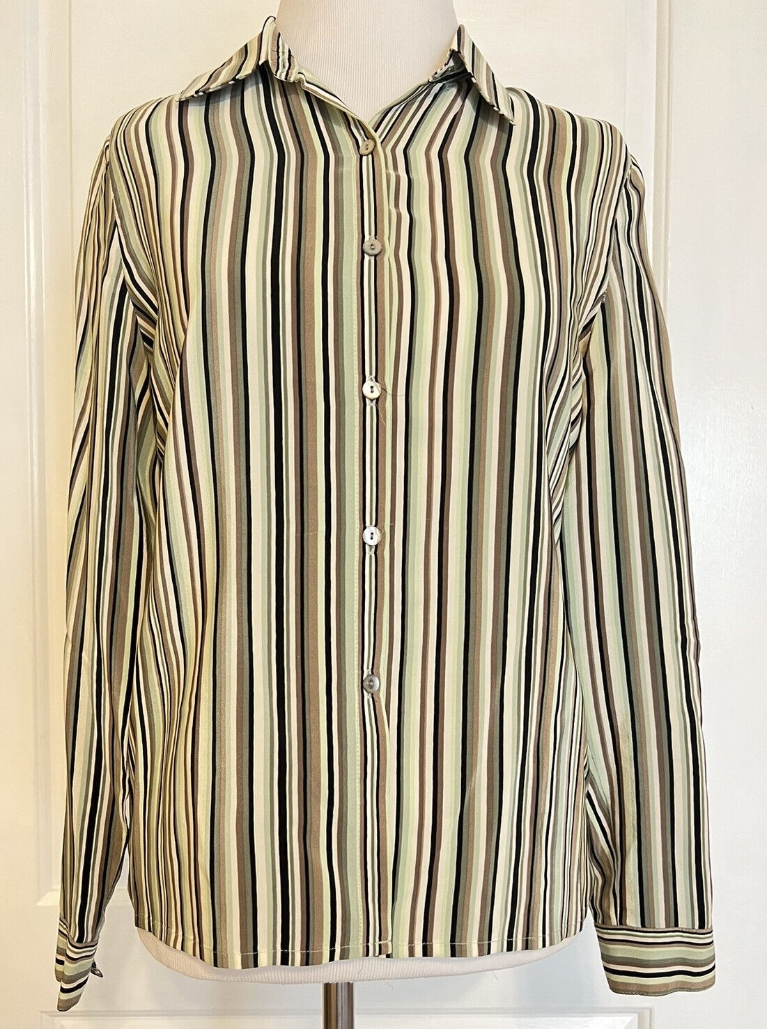 Petite Sophisticate 100% Silk Stripe Vintage Green Button Down Blouse Designer 2