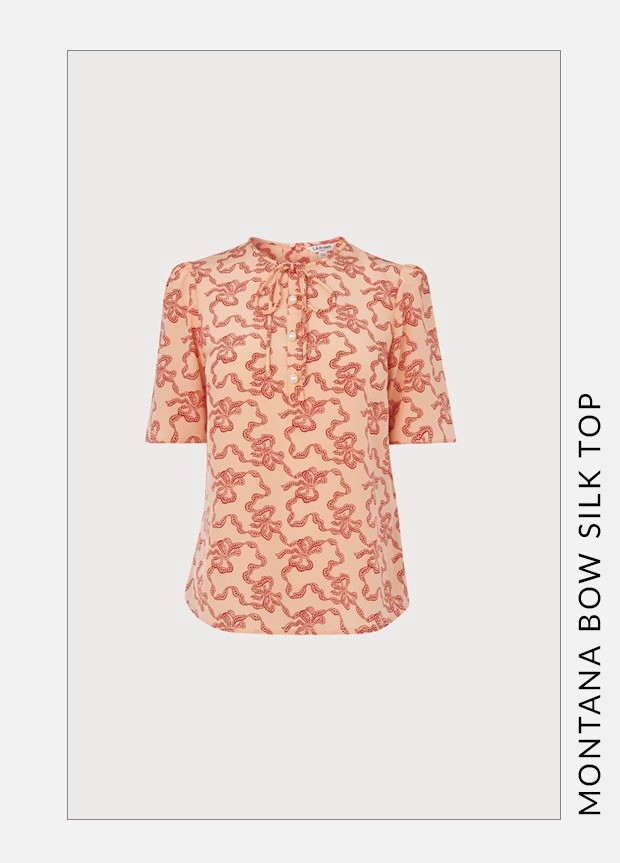 NWT L.K.Bennett Montana 100% Silk Bow Print Blouse Blush Pink & Red – US Size 4