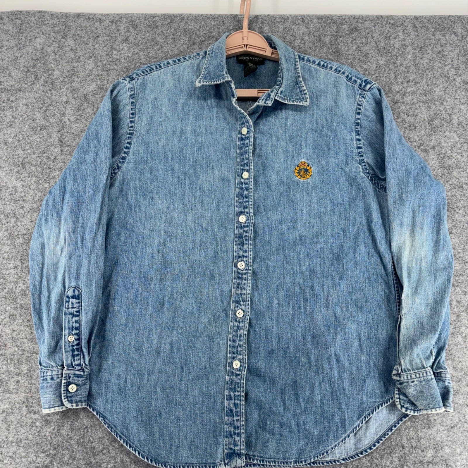 Lauren Jeans Co Ralph Lauren Denim Shirt Womens Medium Blue Crest Logo Cotton