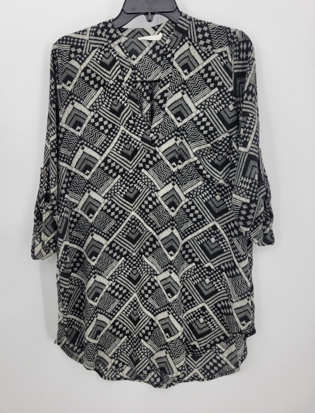 Lush Anthropology Top Womens Medium Black Tan Geo Print Long Tunic Boh Festival