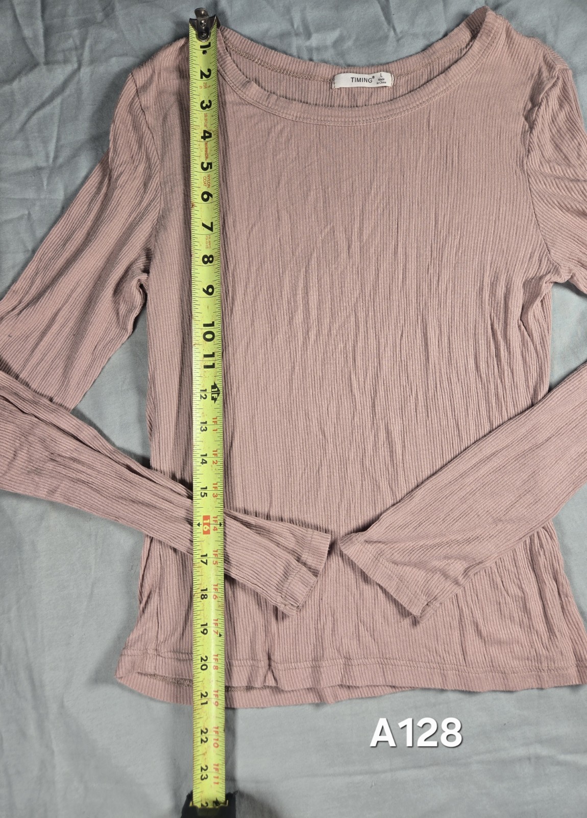 TIMING Women’s Pink Peach Solid Ribbed Knit Round Neck Long Sleeve Tee Size L