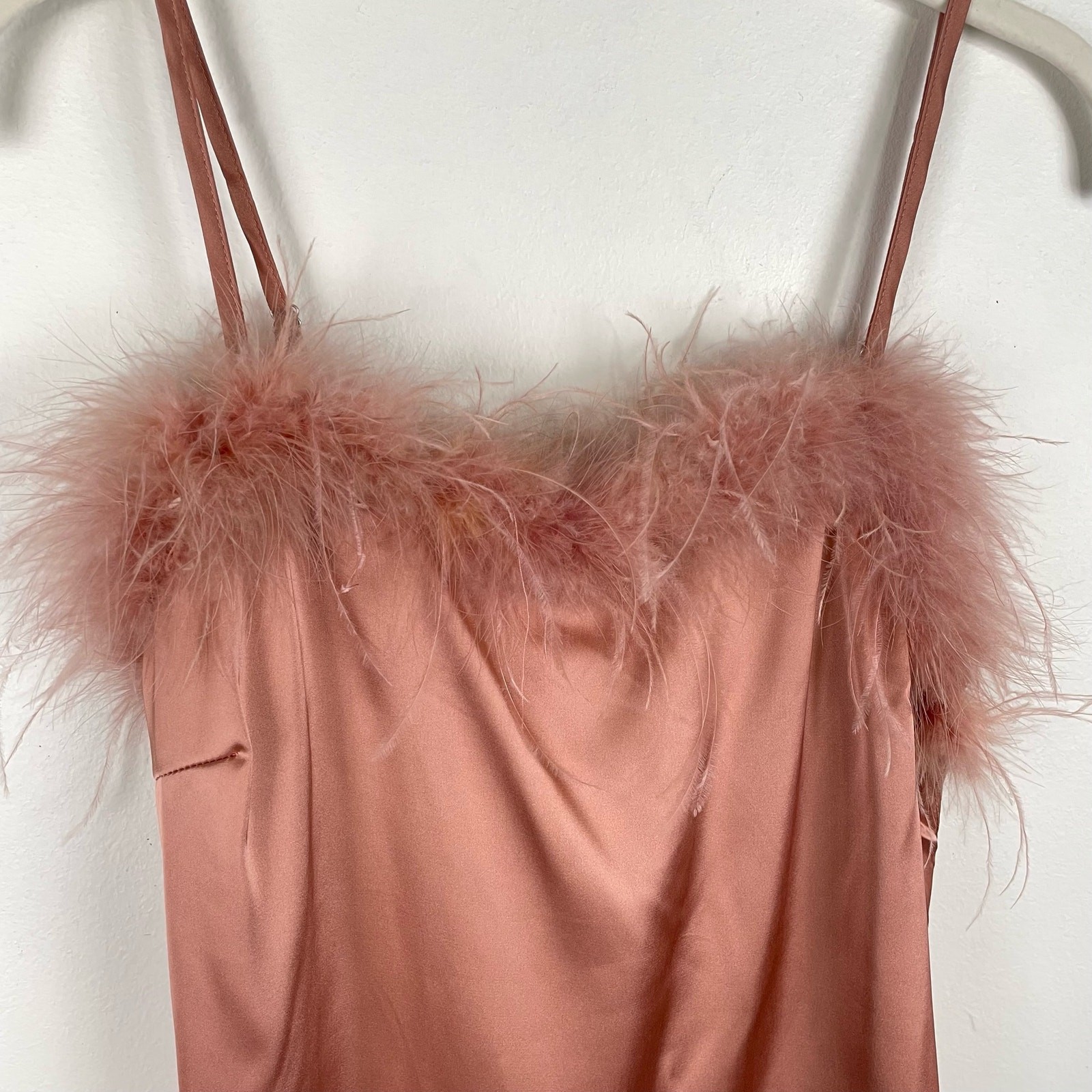 All in Favor Faux Feather Trim Silky Satin Cami Top Mauve Pink Size Small