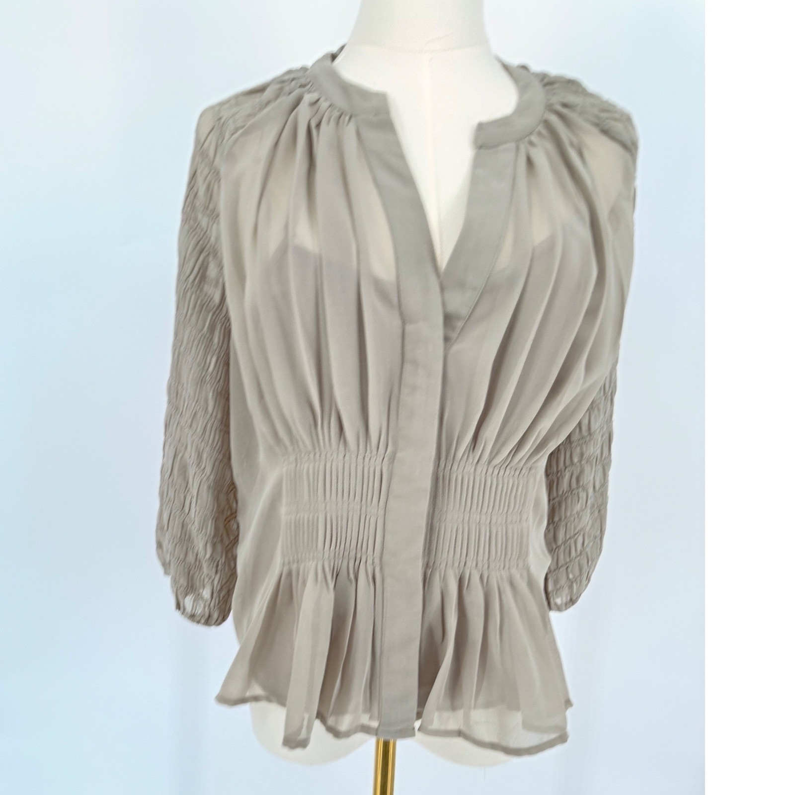 French Connection Elegant Gray Sheer Peplum Blouse Smocked Sleeve V Neck