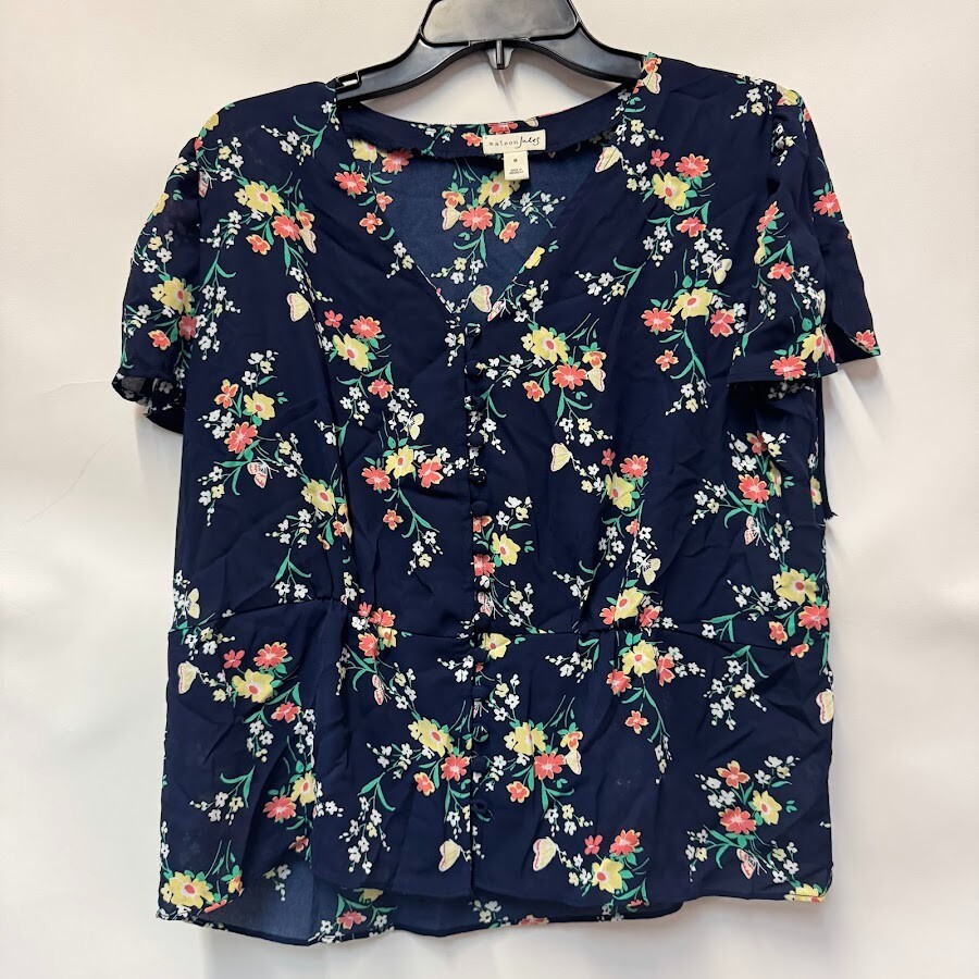 Maison Jules Womens M Dark Blue Floral Short Sleeve Blouse Top NWT BC66