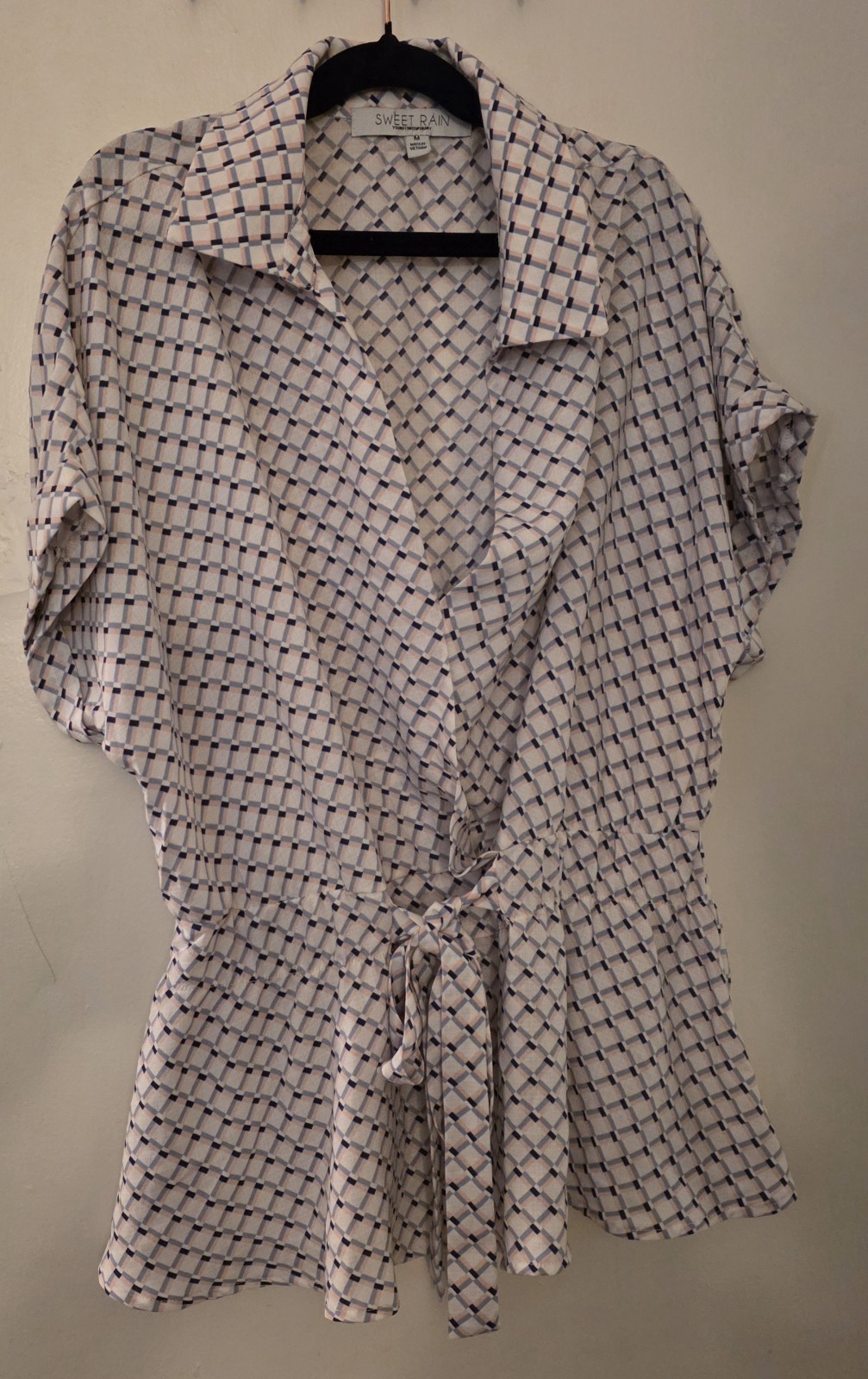 Sweet Rain Pink Blue White Plaid Tie Waist Collared Short Sleeve Blouse M Women