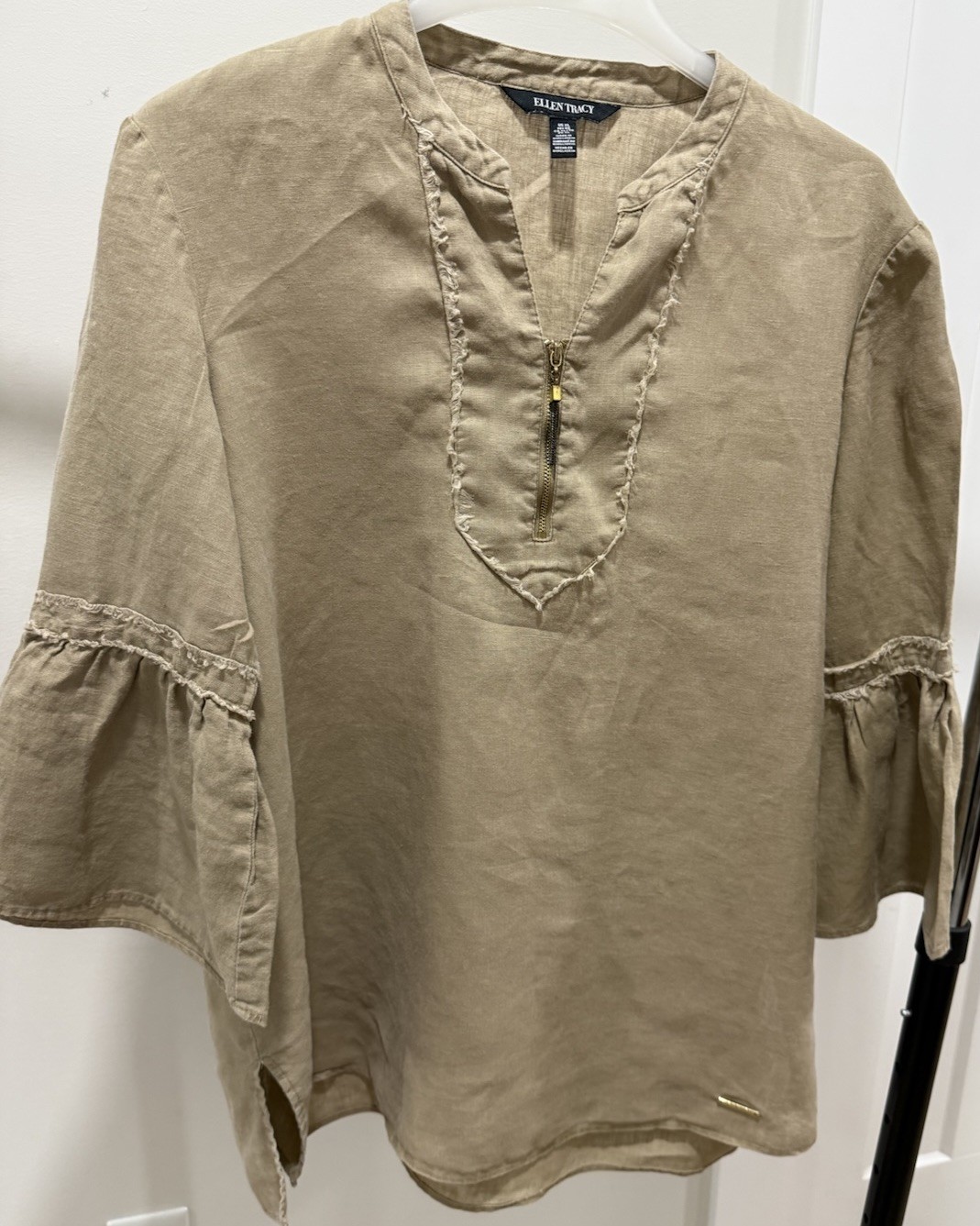 Ellen Tracy Tan Khaki Chambray 100% Linen Shirt Women Sz XL Zipper Ruffle Sleeve
