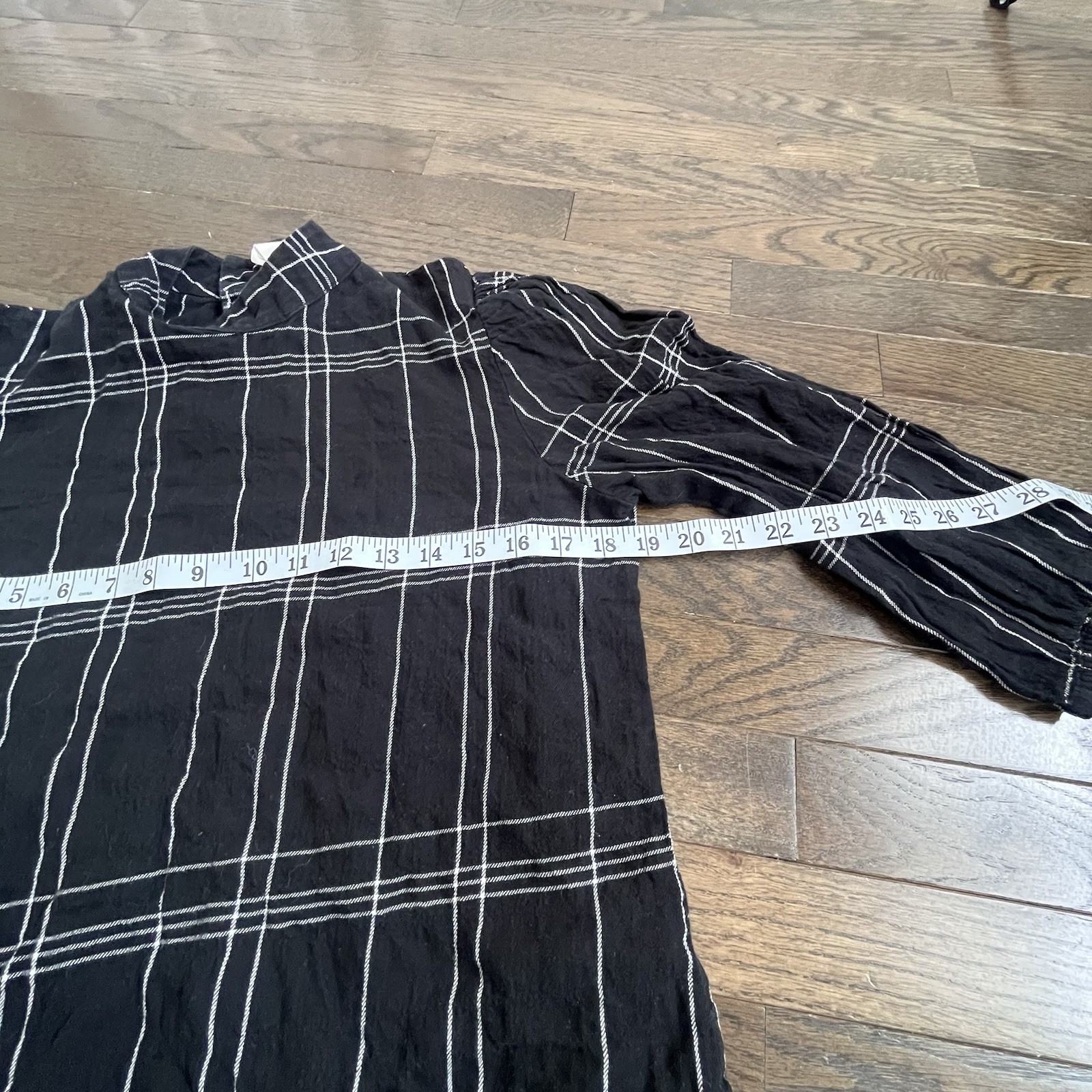 Eve Gravel Bardot Shirt Sz M Windowpane Black Puff Sleeve Cropped Preppy