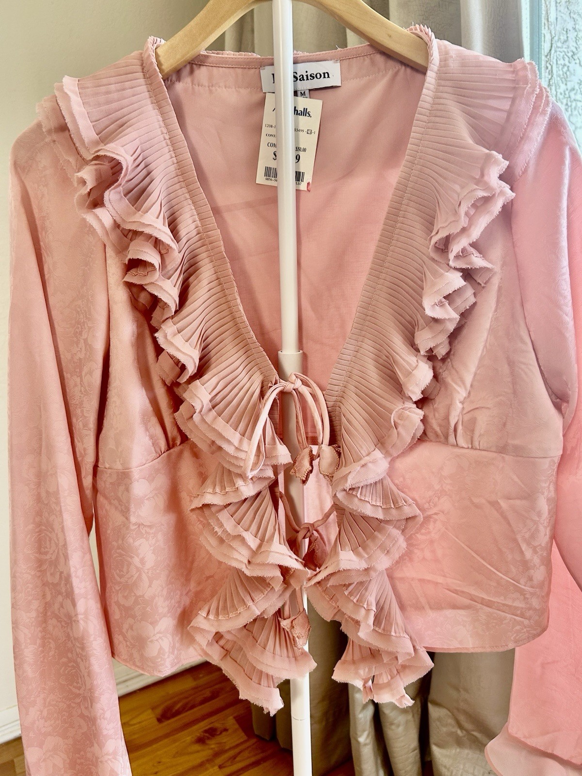 En Saison Pink Floral Chiffon Ruffle Pleated Tie-Front V-Neck Blouse M