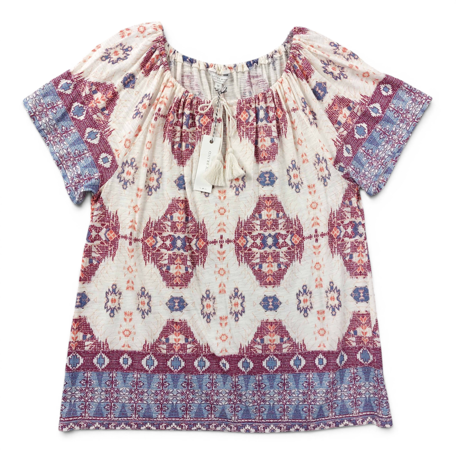 Lucky Brand Boho Peasant Top Womens Medium Tribal Print Tassel Tie Short Sleeve