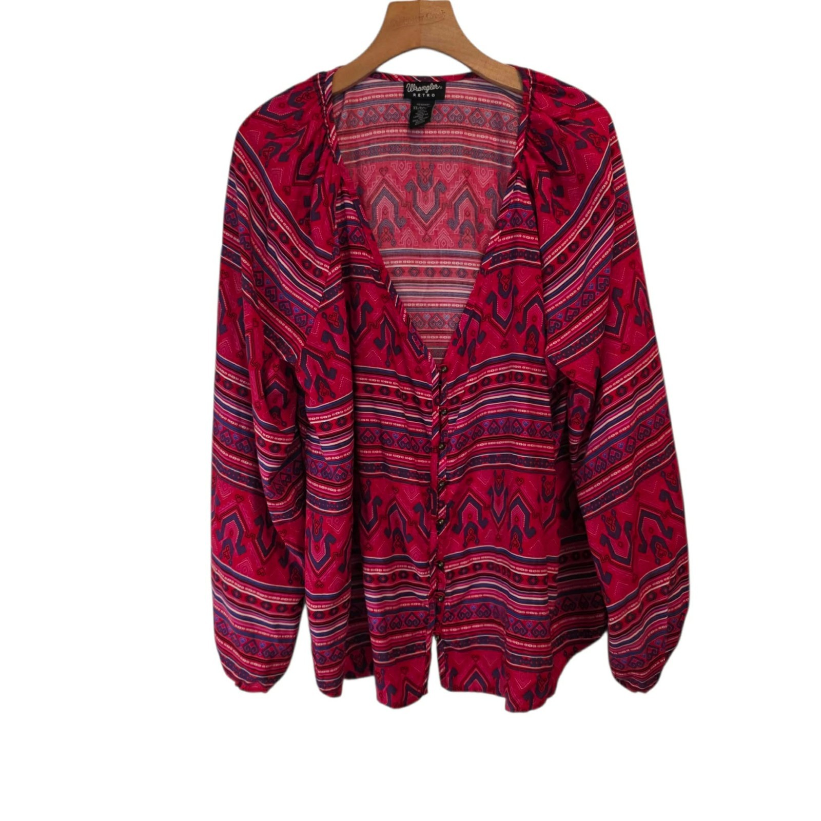 Wrangler Retro Western Blouse Red Aztec Boho Button Front Long Sleeve XL