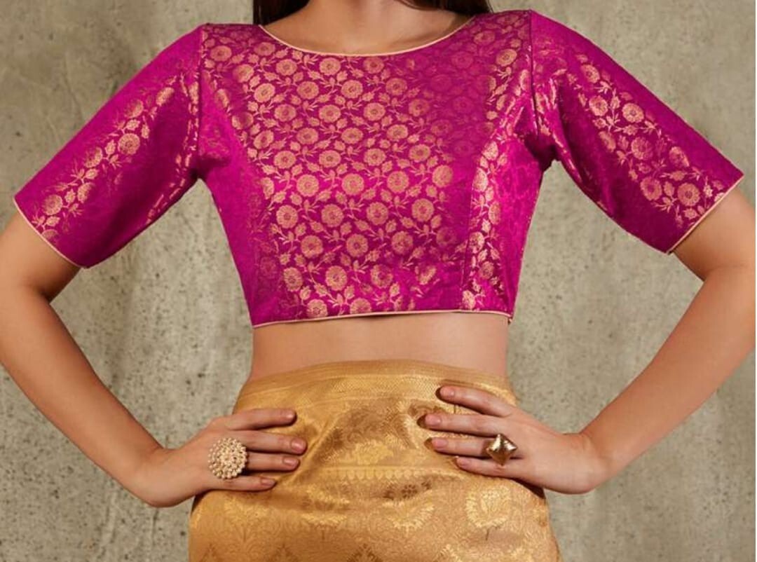 Banarsi Brocade Back open Boat Neck Long sleeve Wedding Wear Blouse,Sari Top
