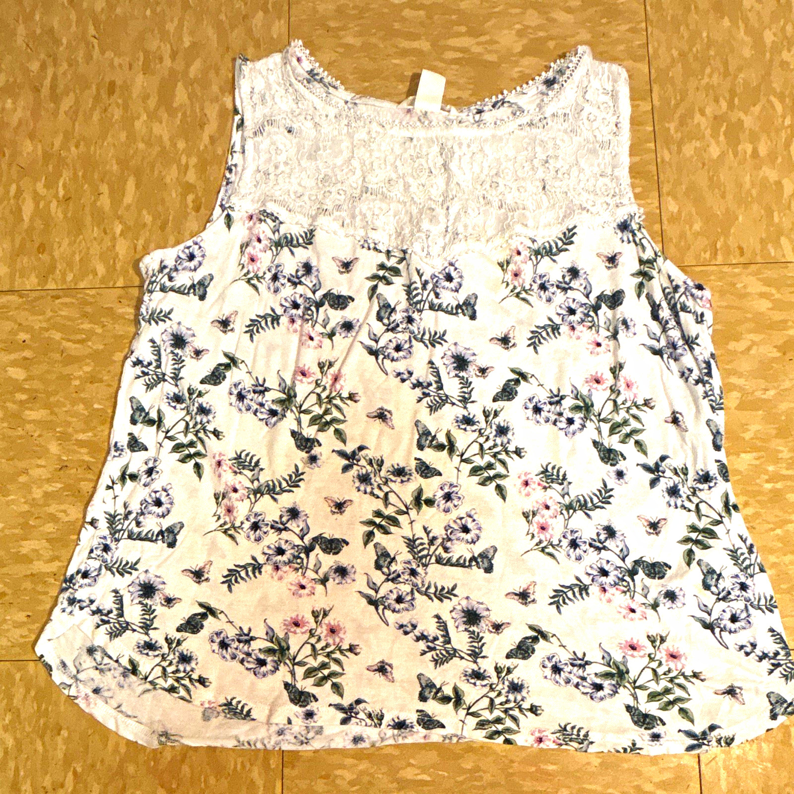 H&M Women’s White Blue Pink Floral Lace Yoke Round Neck Tank Top Size L
