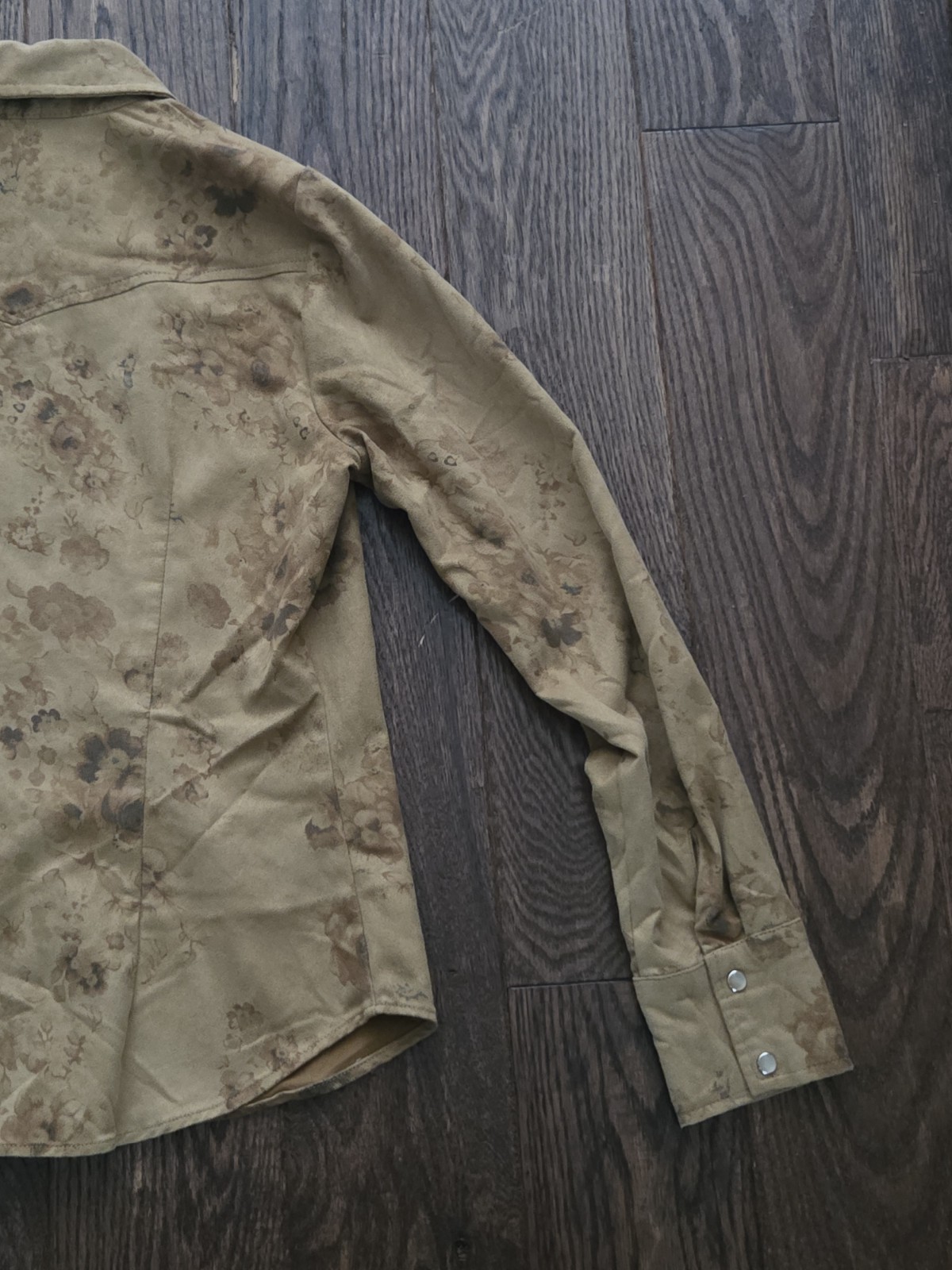 🤎Karen Kane Lifestyle Floral Faux Suede Western Snap Shirt Tan Small S Boho🤎