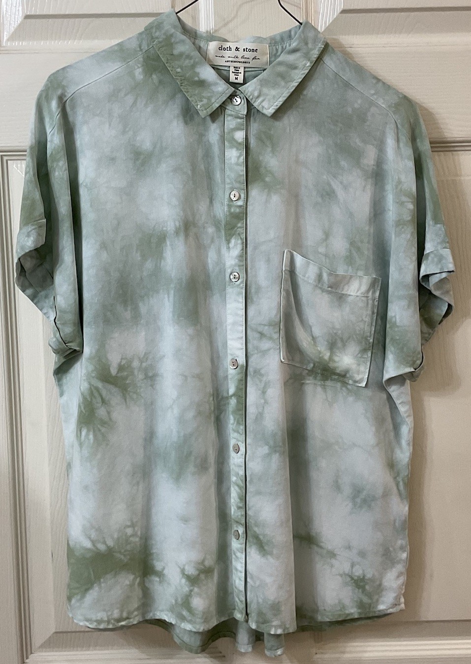 Cloth & Stone Women’s Green Tie Dye Button Up Top Med Boxy Hi Lo Hem Comfort EUC