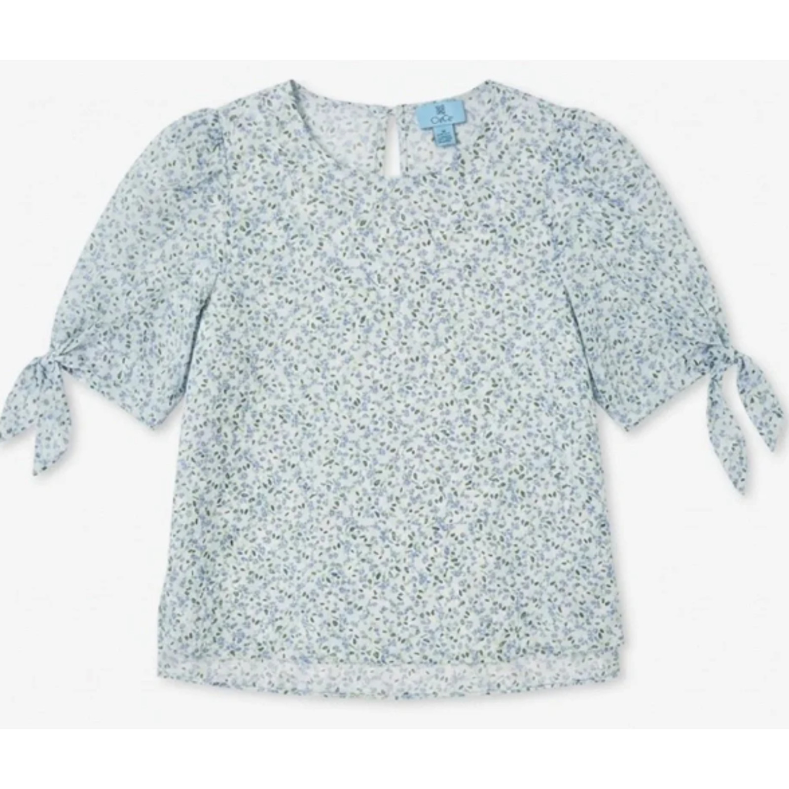 CeCe Floral Blouse Women’s Blue White Tie Puff Sleeve M 8-12