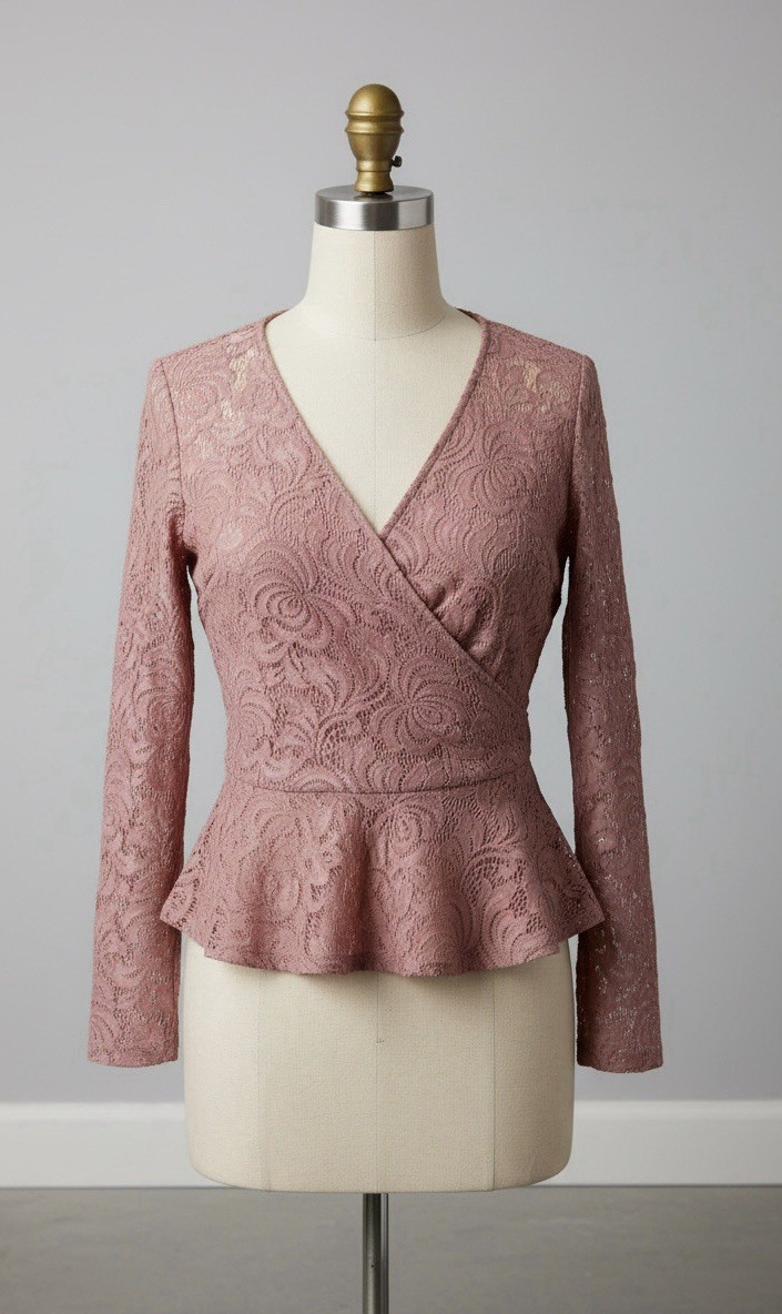 Tobi Womens Pink Floral Lace V-Neck Long Sleeve Lined Peplum Blouse M