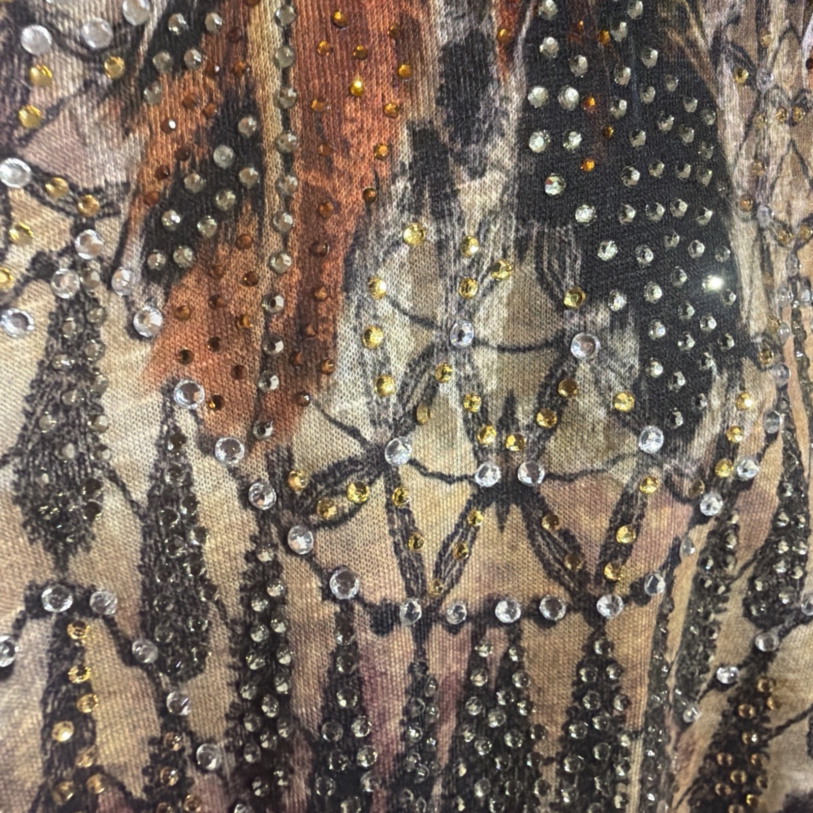 VTG Panhandle Slim Wm’s SZ L Western rhinestone FeatheredPrint Ruched Shirt USA