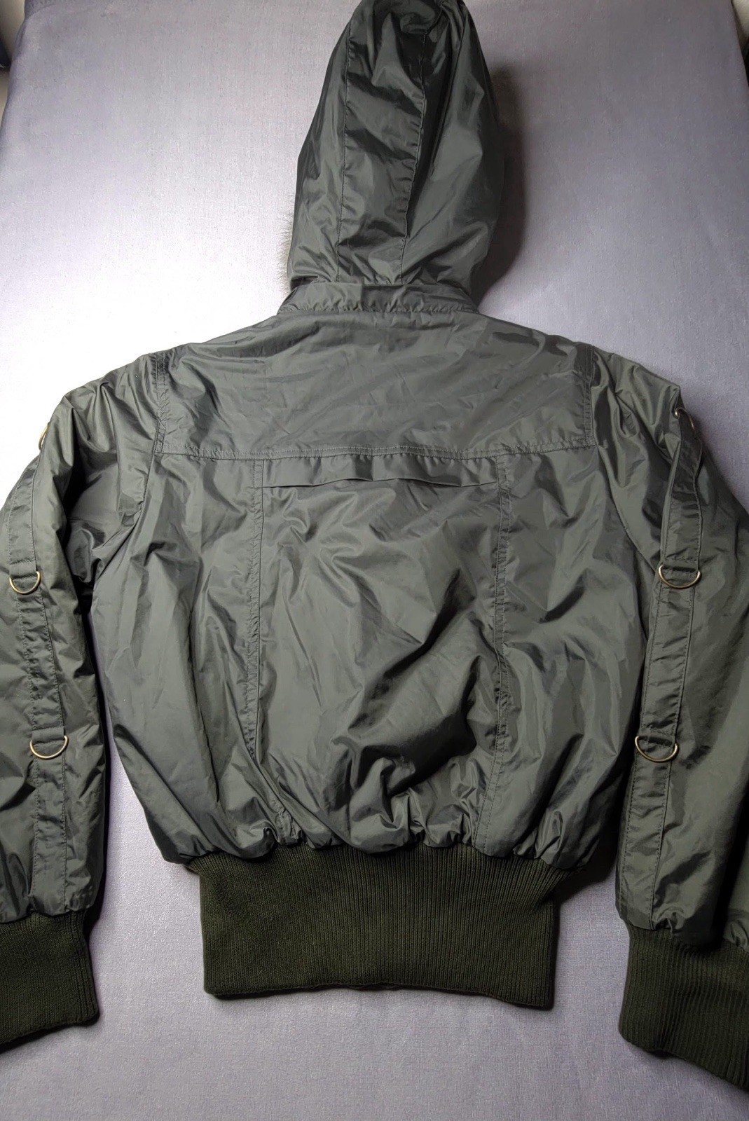 D&G woman Green Hooded Fur Trim Bomber Jacket Lined Full Zip Stand-Up 2