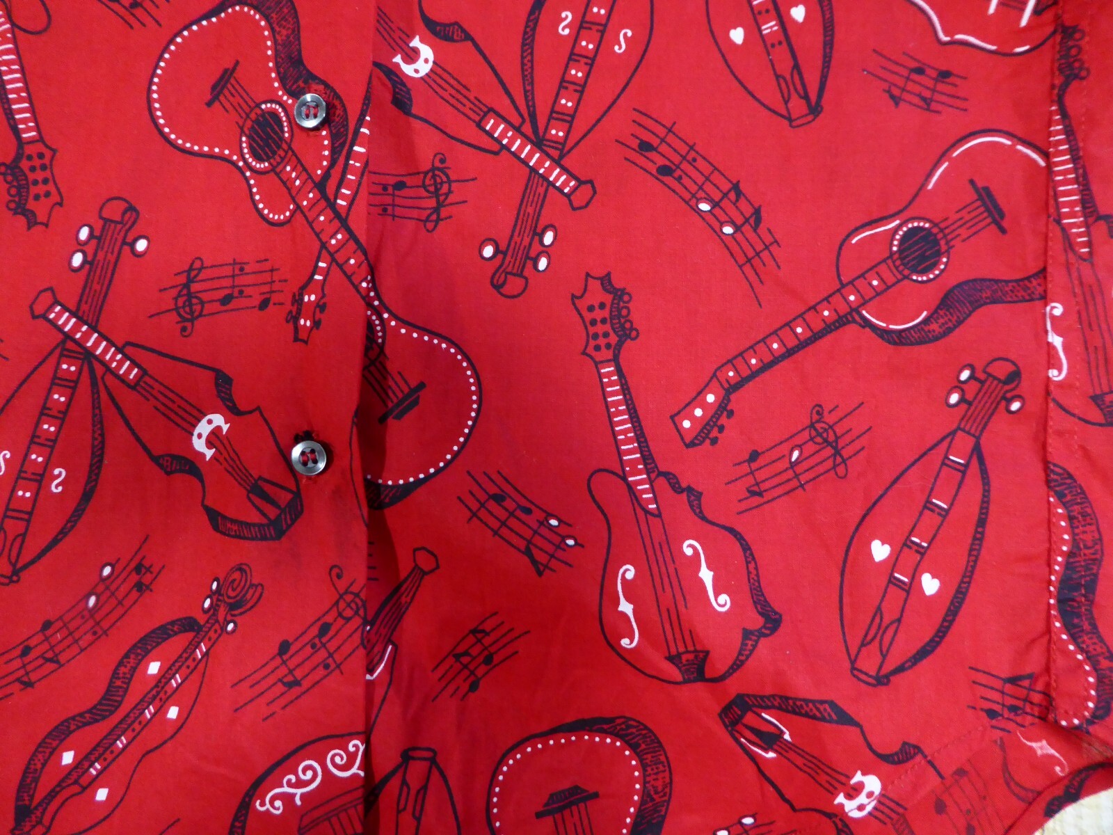 Vintage 3/4 Sleeve Blouse Red Musical Print Guitar Banjo Women Teen Shirt XS