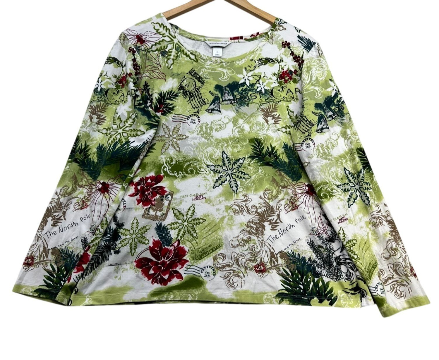 Christopher Banks Womens Holiday Print Long Sleeve T-Shirt XL Green Casual Top