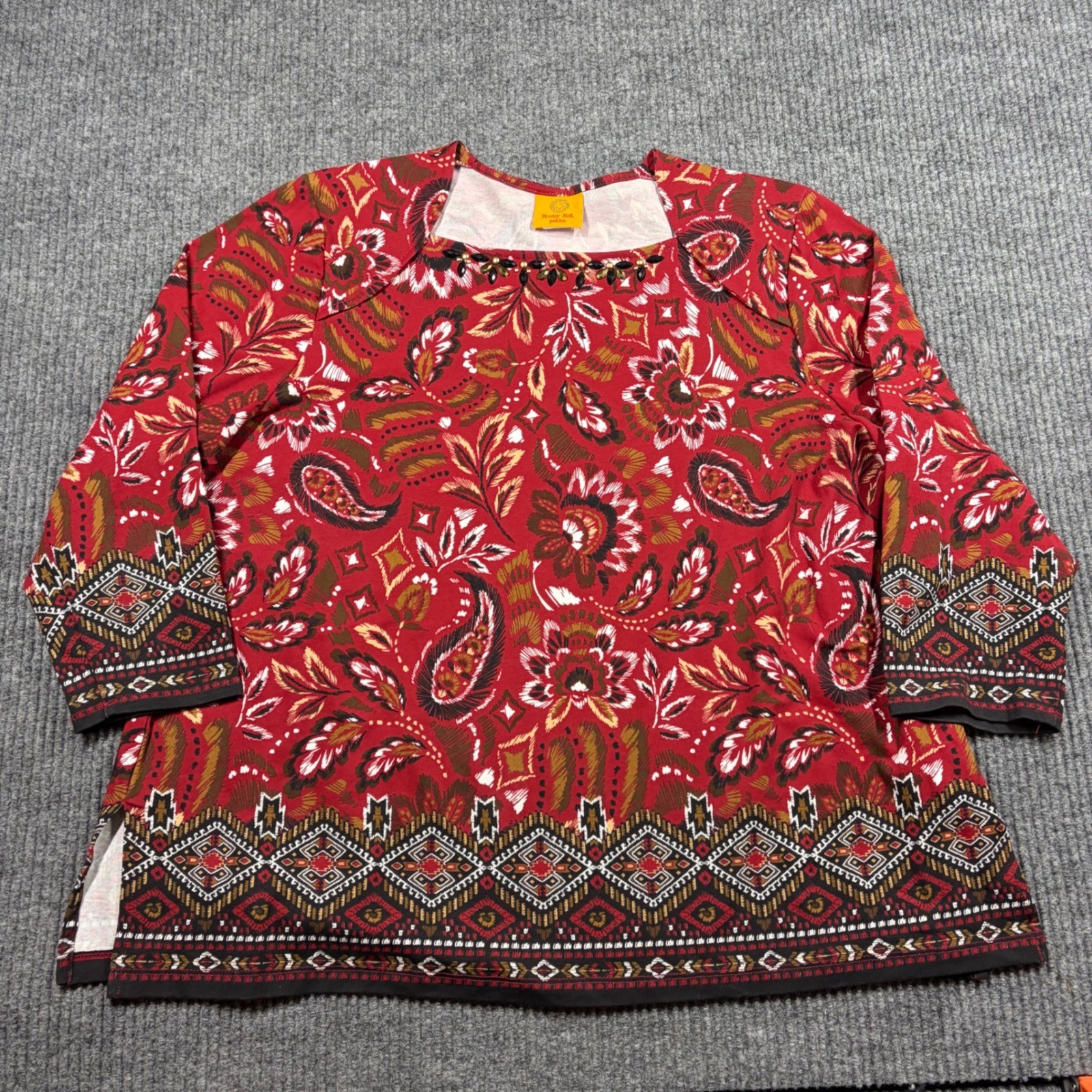 Ruby Rd Petite Top Womens XL Red Paisley Floral Beaded Square Neck 3/4 Sleeve