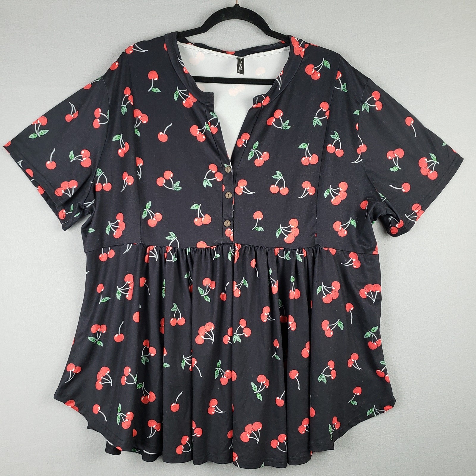 Allegrace Size 3X Cherry Print Babydoll Top Black Red Kawaii Pinup Rockabilly
