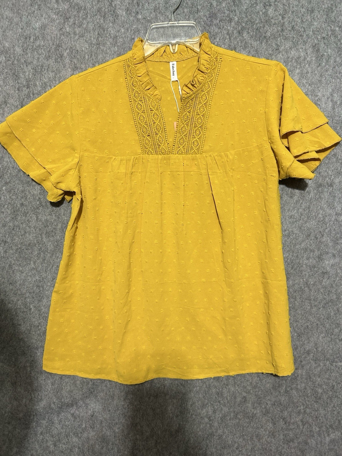 Falechay Women’s Boho Mustard Yellow Ruffle V-Neck Blouse Lace Trim Dots Size L