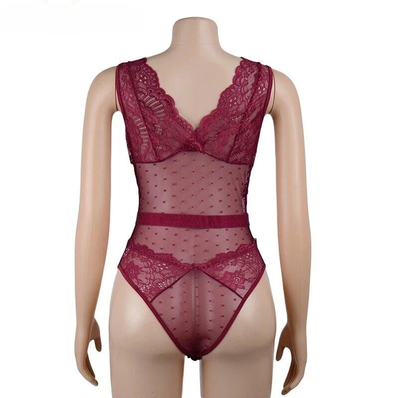 Mesh Lace Teddy Lingerie Sleeveless Burgundy Bodysuit Black Semi Sheer Top Cami