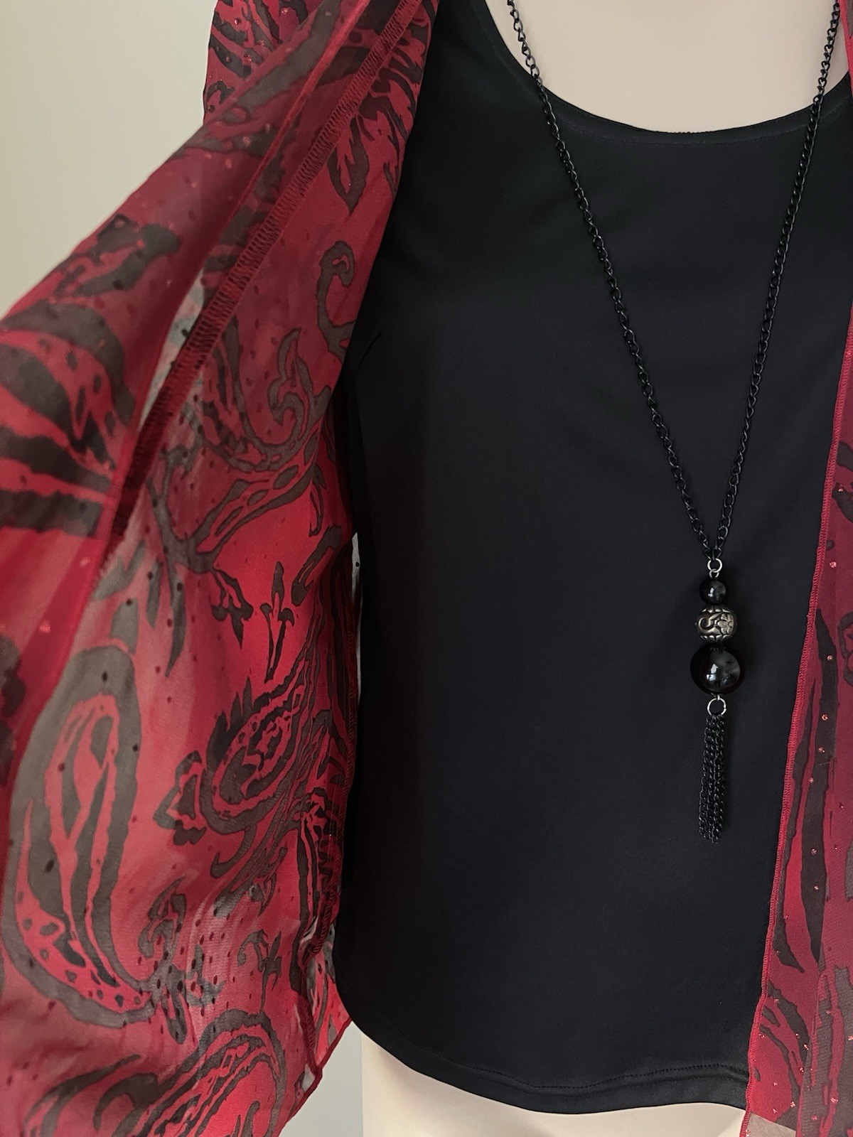 VTG Sara Michelle Waterfall Layered Twofer Blouse PXL Black Red Paisley Glitter