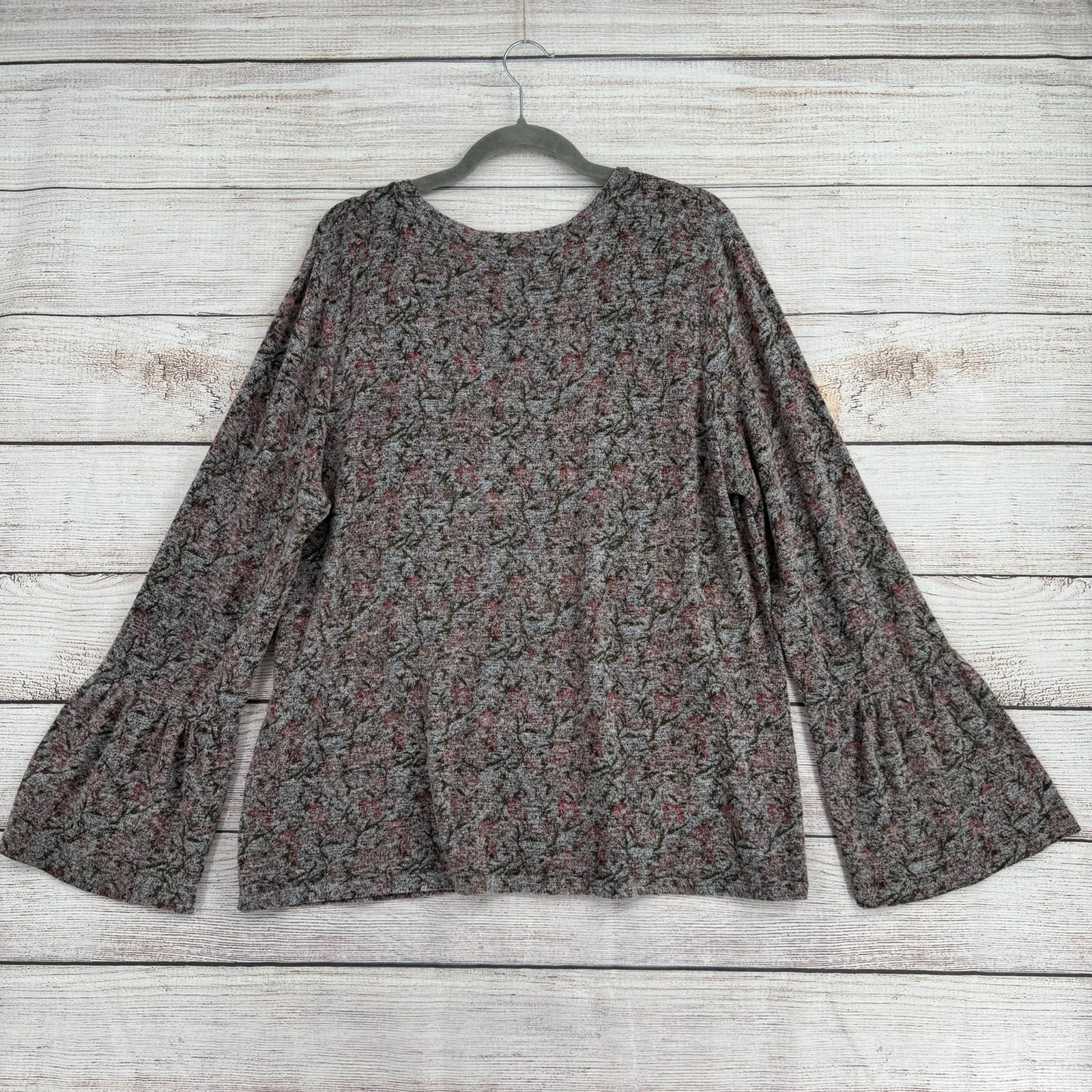 Lucky Brand Floral Knit Long Sleeve Blouse Womens XL Gray Green Pink