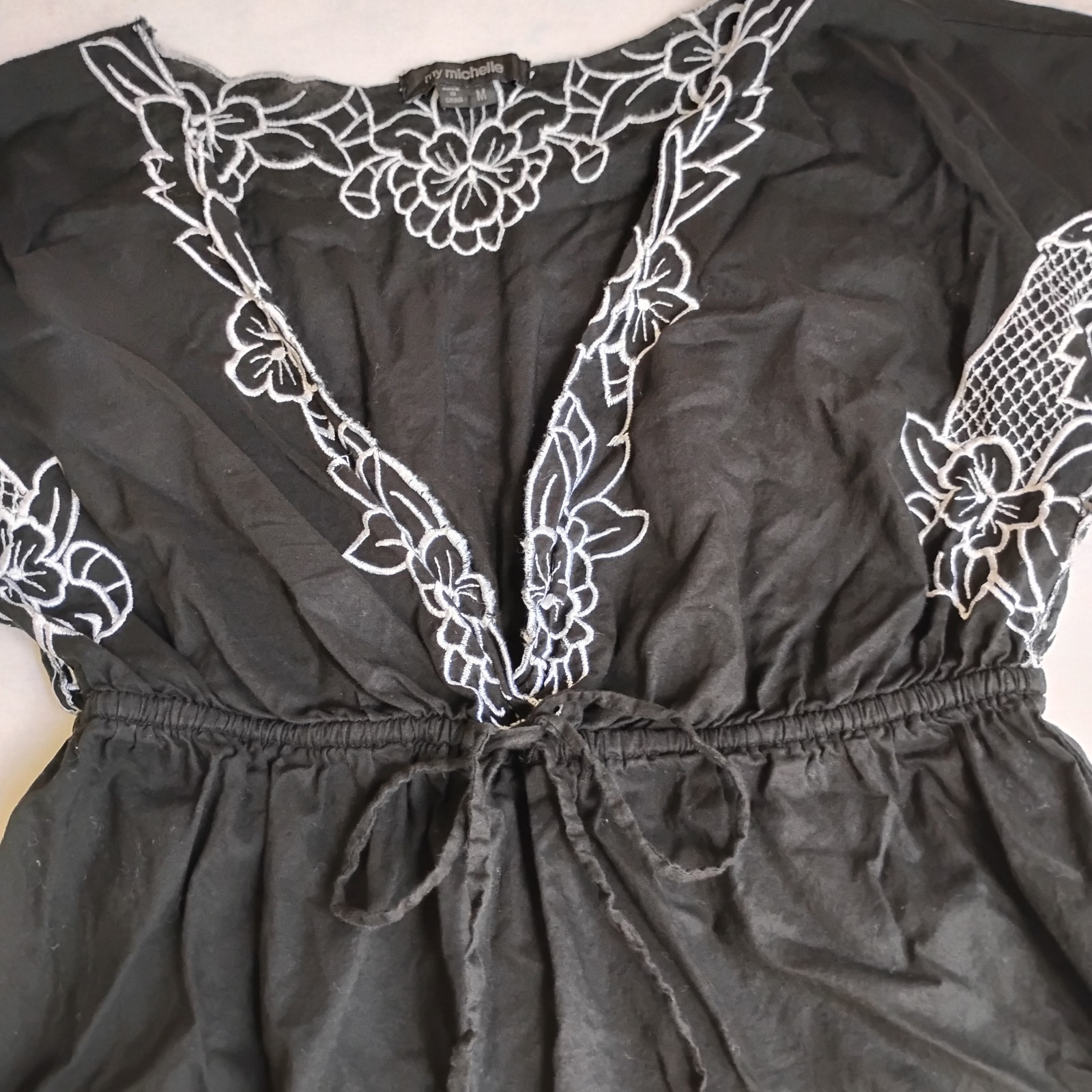 My Michelle Top Medium Babydoll Bow Embroidered Flutter Sleeve Y2K Cotton