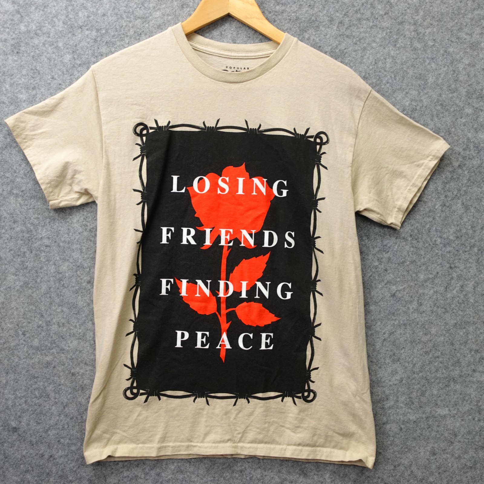 Womens Rose Graphic Shirt M Beige LOSING FRIENDS FINDING PEACE Sand Tee Grunge