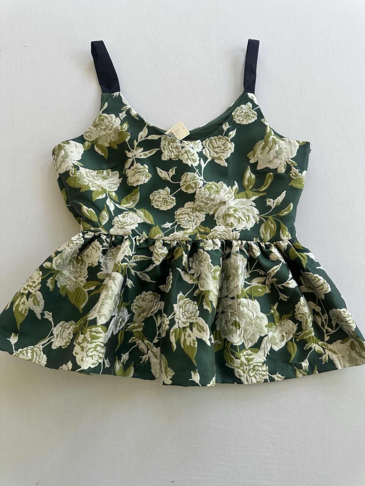 Anthropologie Olive, Green Floral Brocade Shimmer Sleeveless Peplum Top Sz M
